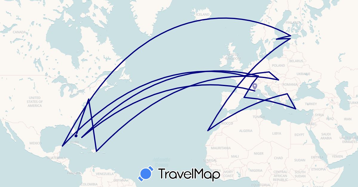 TravelMap itinerary: driving in Bulgaria, Bahamas, Switzerland, Czech Republic, Germany, Dominican Republic, Estonia, Spain, Finland, France, Hungary, Monaco, Mexico, Sweden, Turkey, United States (Asia, Europe, North America)